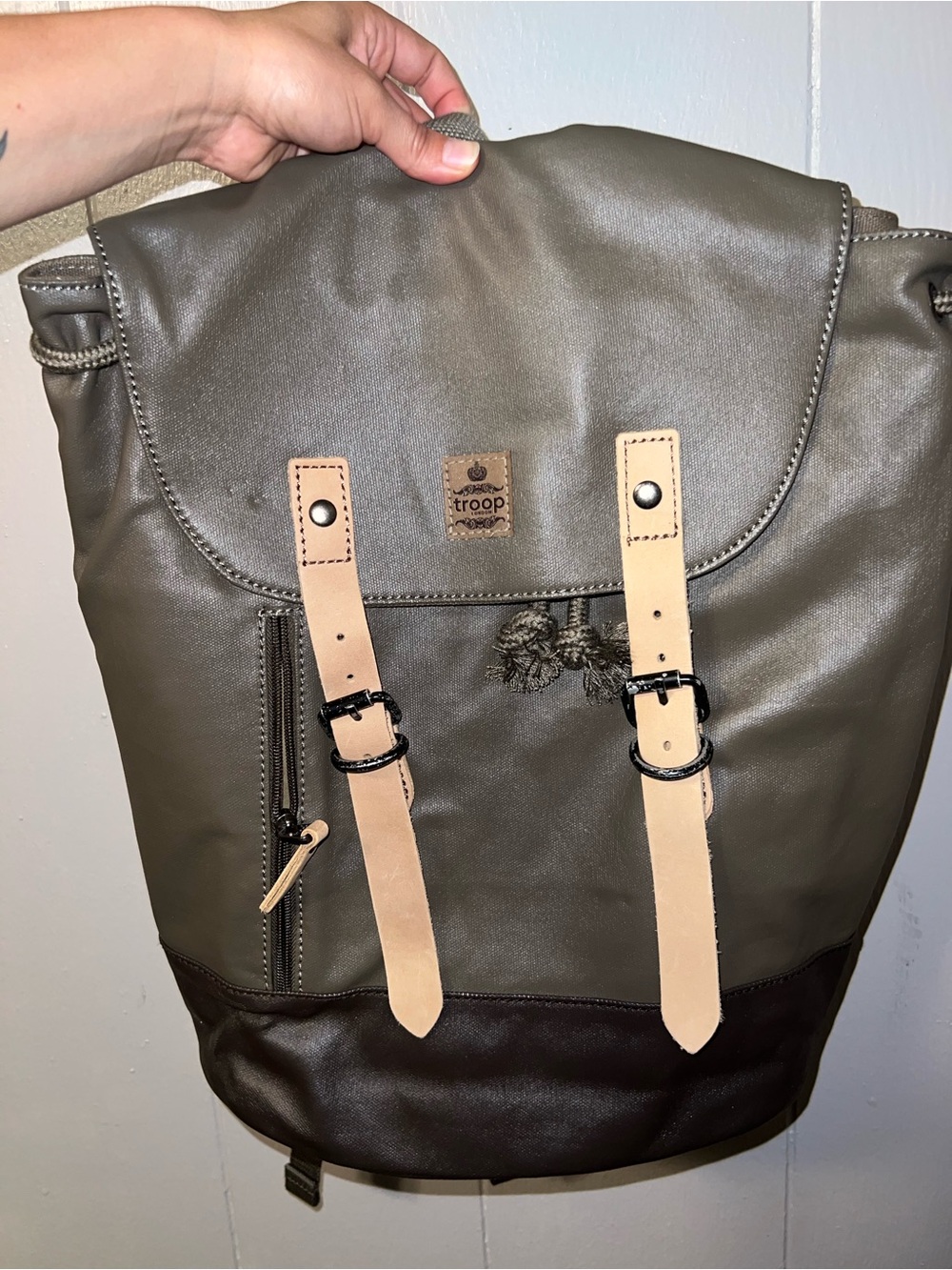 Troop Olive Green & Brown Men's Canvas Backpack with Tan Straps